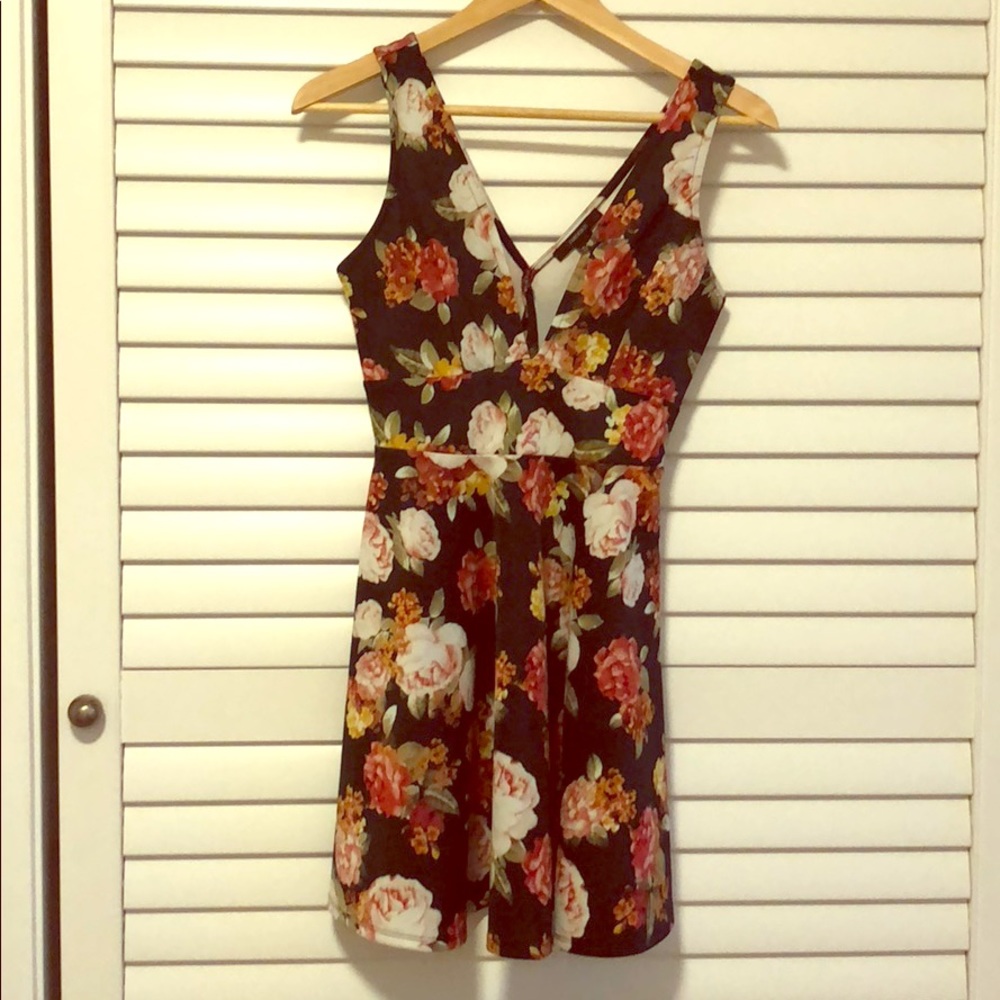 Dark Green Floral Mini Skater Dress With open back